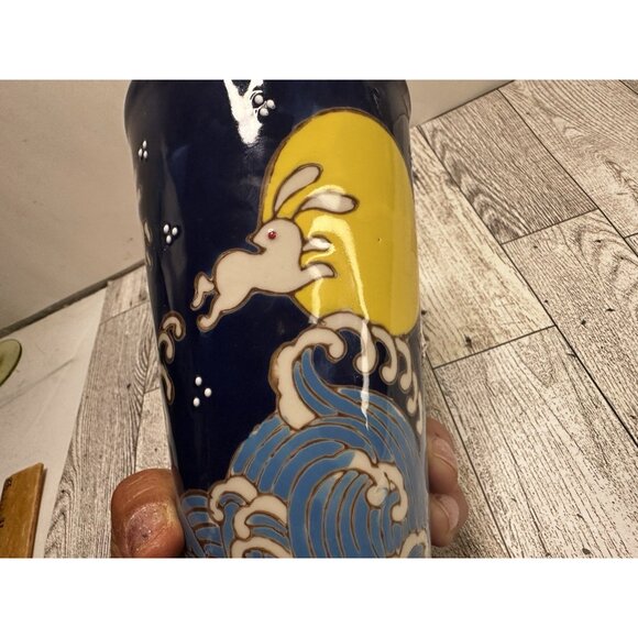 6" Tall Ceramic Travel Mug "Bunny Wave" 16 Oz. Bunnies Jumping over the Moon NEW - Picture 10 of 10
